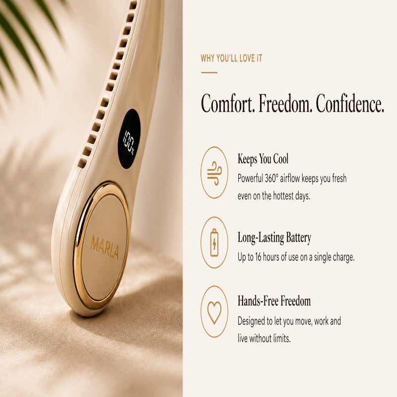 Handheld fan with brand name on a neutral background, featuring text about product benefits.