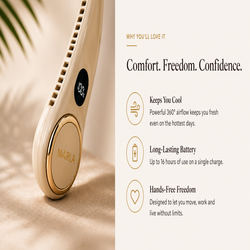 Handheld fan with brand name on a neutral background, featuring text about product benefits.